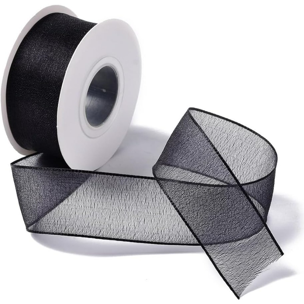 Organza Ribbon Spool - 1-дюймовая черная лента из органзы, проводная